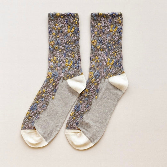 "Brueghel" Floral Applique and Pointelle Crew Sock