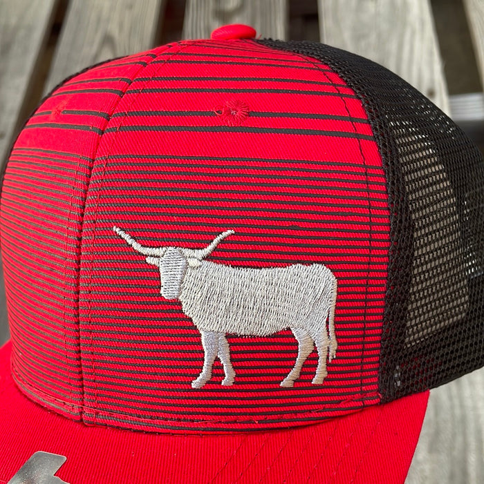 Red and Black trucker cap with a embroidered longhorn design. It has a solid Red brim and a Black mesh back. Close up view of longhorn design.