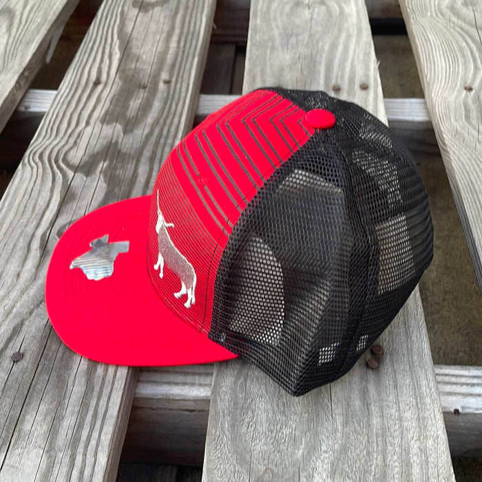Red and Black trucker cap with a embroidered longhorn design. It has a solid Red brim and a Black mesh back. Side View