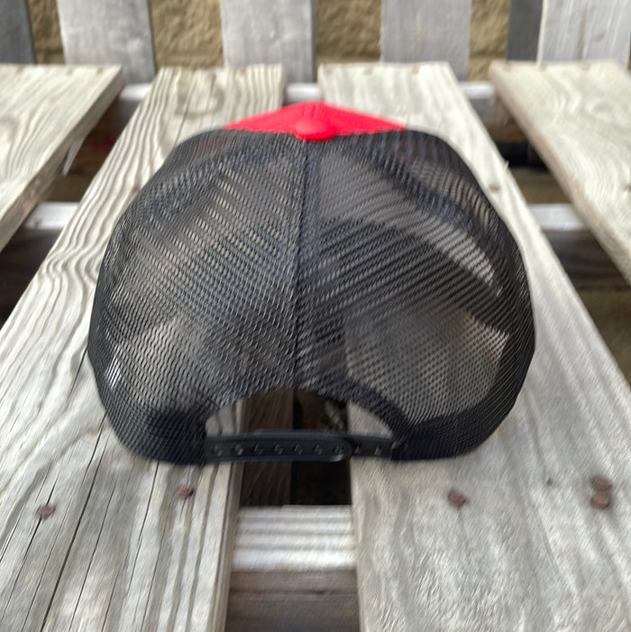 Red and Black trucker cap with a embroidered longhorn design. It has a solid Red brim and a Black mesh back.  Rear View