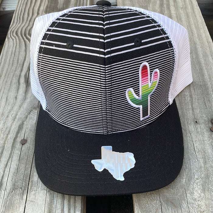 Black and White striped trucker cap with a Serape cactus patch, solid Black bill, and White mesh back. Front View
