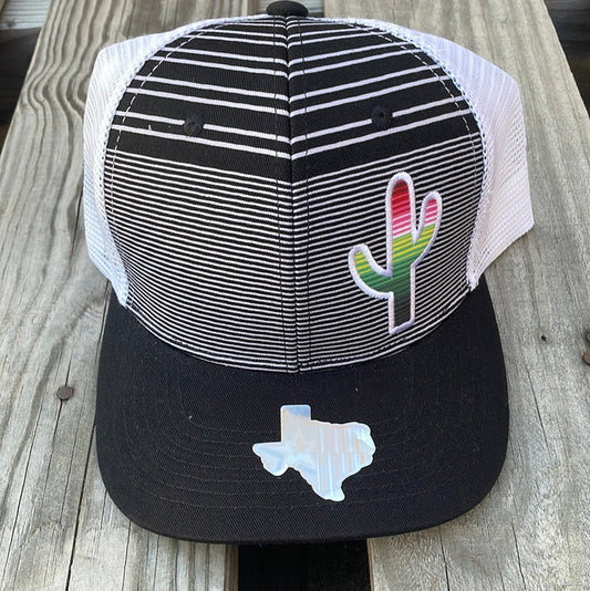 Black and White striped trucker cap with a Serape cactus patch, solid Black bill, and White mesh back. Front View