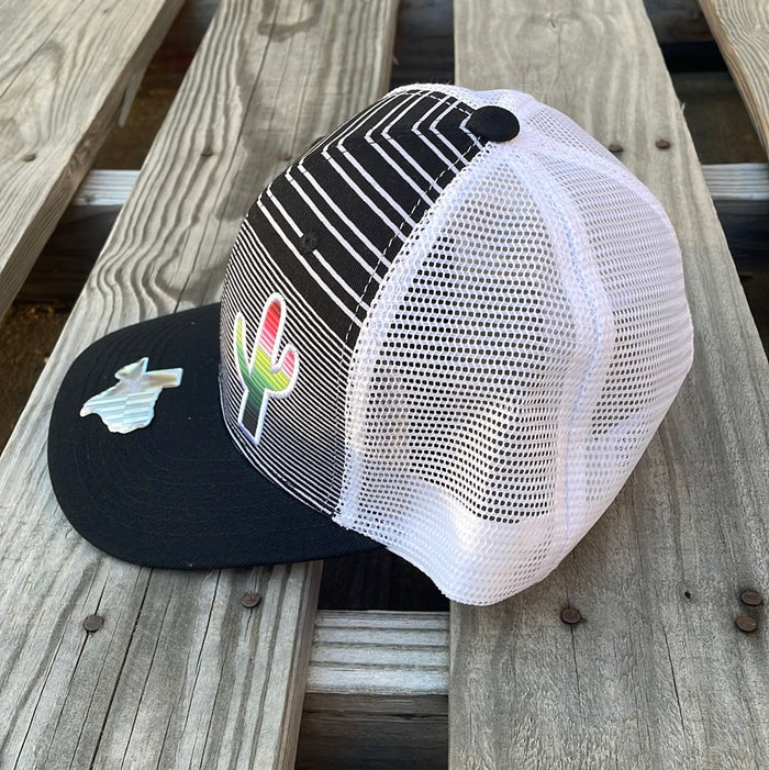 Black and White striped trucker cap with a Serape cactus patch, solid Black bill, and White mesh back. Side View