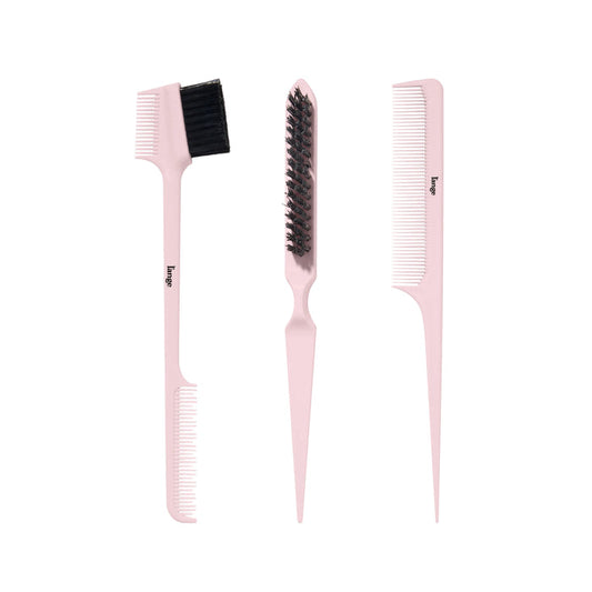 Three pink L’ange styling combs and brushes on a white background