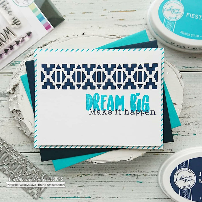 Catherine Pooler - Border Die - Aztec. This die was created to cut a southwestern inspired pattern through the front of a card or a card layer. Available at Embellish Away located in Bowmanville Ontario Canada. Example by brand ambassador.