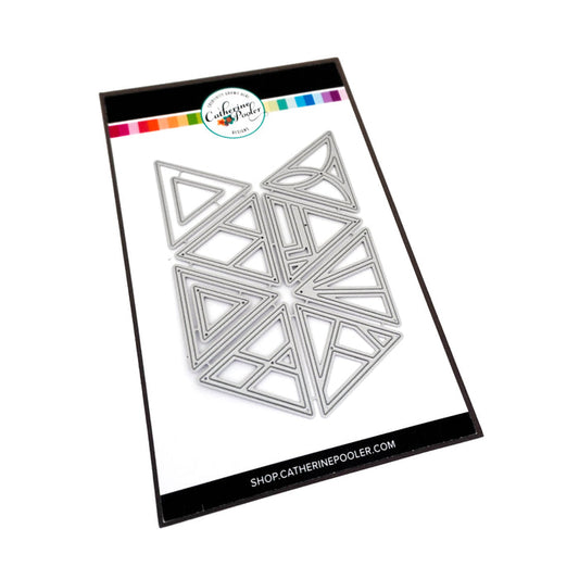 Catherine Pooler - Dies - Mosaic Tile. Add a patterned triangle die or three to your next card with the Mosaic Tile Dies. This set of 8 geometric dies will bring a pop of interest to your card and can be layered over blended backgrounds or inlaid with patterned papers. Try them with our Sketchbook Patterned Paper. Available at Embellish Away located in Bowmanville Ontario Canada.