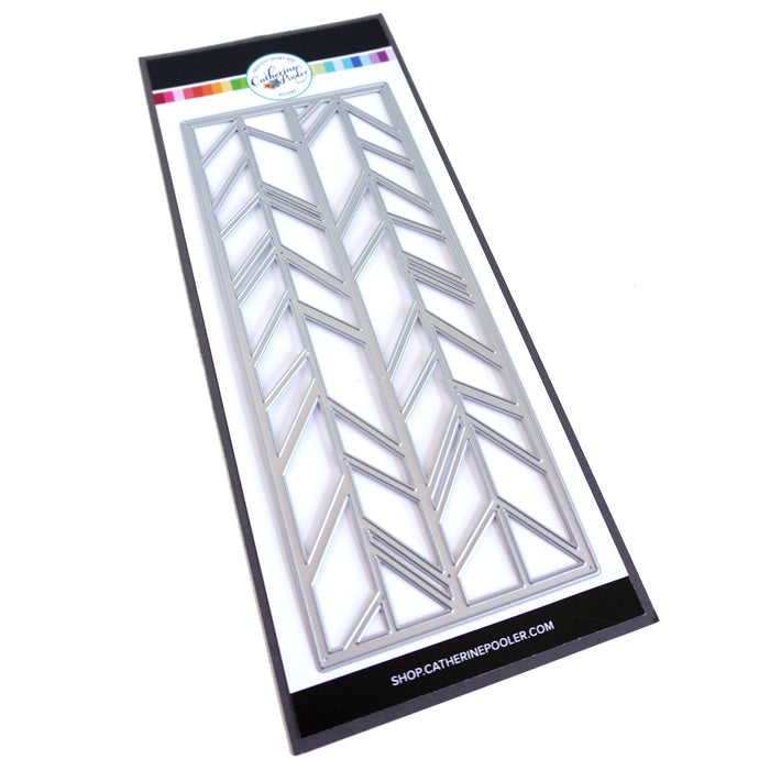 Catherine pooler - Slimline Die - Chevron. Easy to use die with it's classic, repeating chevron pattern, this die will bring beautiful texture to your card background and be lots of fun for inlaid die cut technique lovers. This die is sized to fit our recommended 8.5" x 3.5" base slimline cards. Available at Embellish Away located in Bowmanville Ontario Canada.