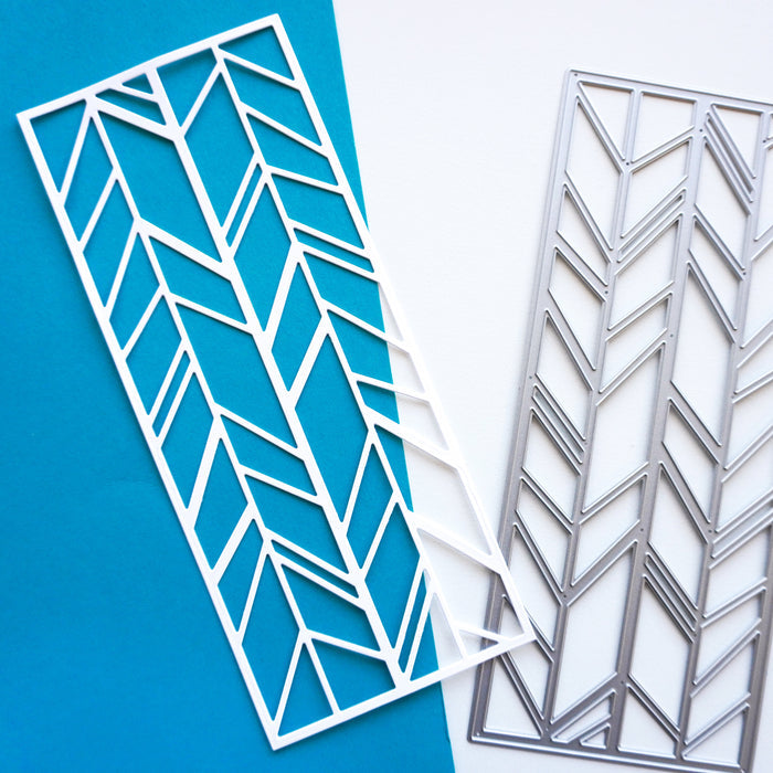 Catherine pooler - Slimline Die - Chevron. Easy to use die with it's classic, repeating chevron pattern, this die will bring beautiful texture to your card background and be lots of fun for inlaid die cut technique lovers. This die is sized to fit our recommended 8.5" x 3.5" base slimline cards. Available at Embellish Away located in Bowmanville Ontario Canada.