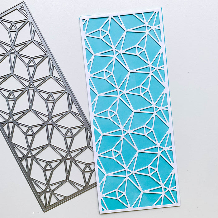 Catherine Pooler - Slimline Die - Trilliant. Inspired by a trilliant cut diamond is the Trilliant Slimline Die. This faceted die is full of geometric interest and will make a cool background layer to your slimline card. CP slimline dies are formatted at 3.5" x 8.5". Available at Embellish Away located in Bowmanville Ontario Canada.