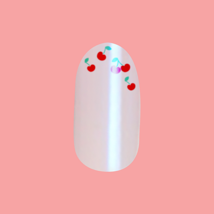 Cherry French - Press-On | Medium | Oval nail with classic chrome French tip and delicate cherry accents for easy at-home mani