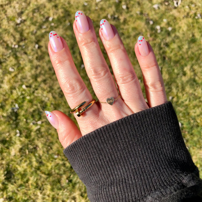 Cherry French - Press-On | Medium | Oval medium oval nails with glossy finish and playful cherry accents for an easy at-home manicure