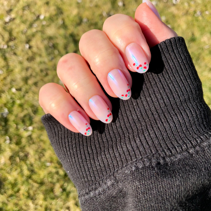 Cherry French - Press-On | Medium | Oval nails with subtle chrome tips and delicate cherry designs for an easy at-home manicure