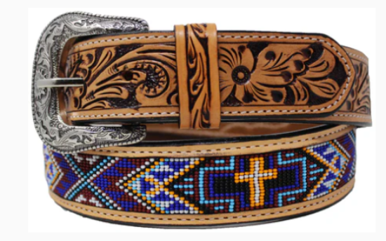 Children's leather belt with tooled patterns and a beaded design featuring a cross in multiple colors featuring a silver buckle.