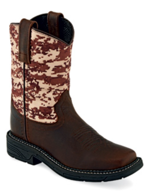 Children's Old West WB1006 Brown/Camo Top Wide Square Toe Boot *Closeout*
