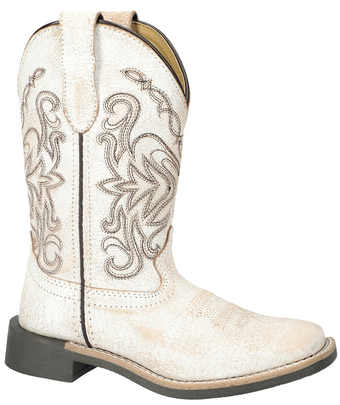 Children's western boot in antique white with square toe and decorative elements on the top.