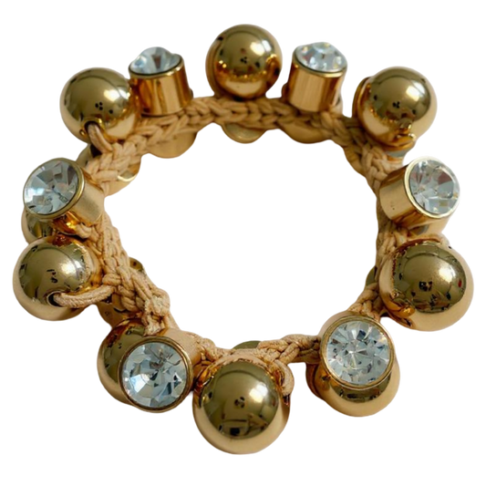 smith and co chunky scrunchie, cream scrunchie with rhinestones, sparkly hair scrunchie, glam hair accessories, gold ball scrunchie, crystal rhinestone scrunchie, statement hair tie, cream and gold scrunchie