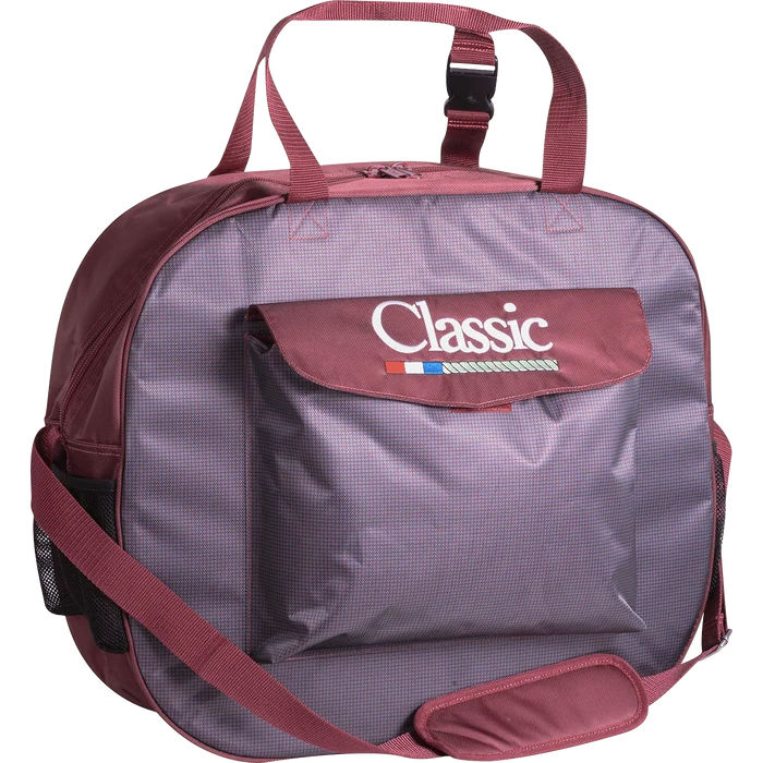 Classic Rope Basic Rope Bag in gray with maroon pocket flap, straps, and center zipper section. Has outside pocket, twin handle straps at top, and adjustable shoulder strap. Front view.
