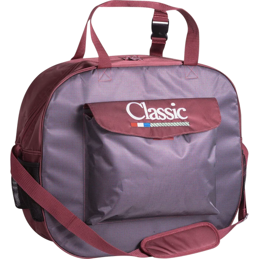 Classic Rope Basic Rope Bag in gray with maroon pocket flap, straps, and center zipper section. Has outside pocket, twin handle straps at top, and adjustable shoulder strap. Front view.