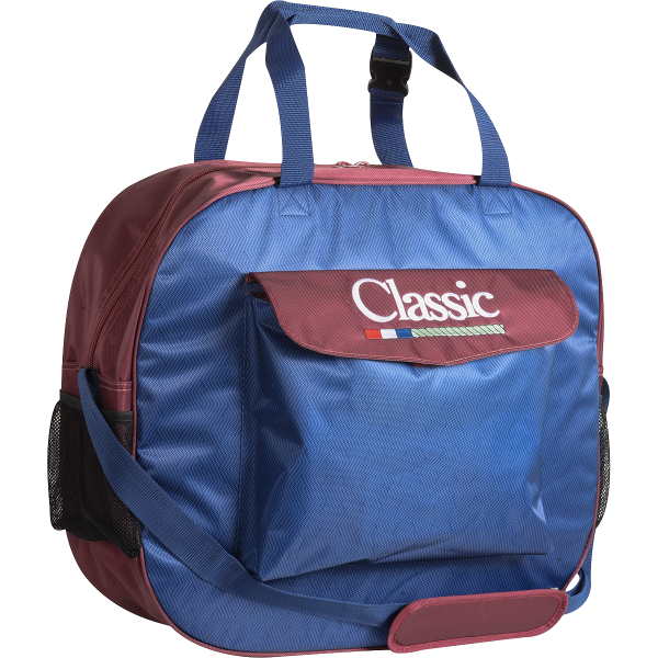 Classic Rope Basic Rope Bag in blue with maroon pocket flap and center zipper section. Has outside pocket, twin handle straps at top, and adjustable shoulder strap. Front view.