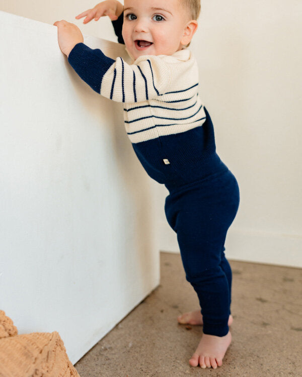 Classic Stripe Polo Sweater Knit Organic Baby Pullover and Pant Set - Model