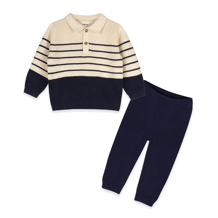 Classic Stripe Polo Sweater Knit Organic Baby Pullover and Pant Set