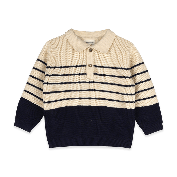 Classic Stripe Polo Sweater Knit Organic Baby Pullover and Pant Set - Front