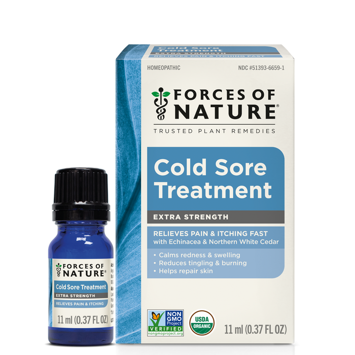 Front of Cold Sore Treatment Extra Strength box with 11 ml bottle showing label reading relieves pain and itching fast