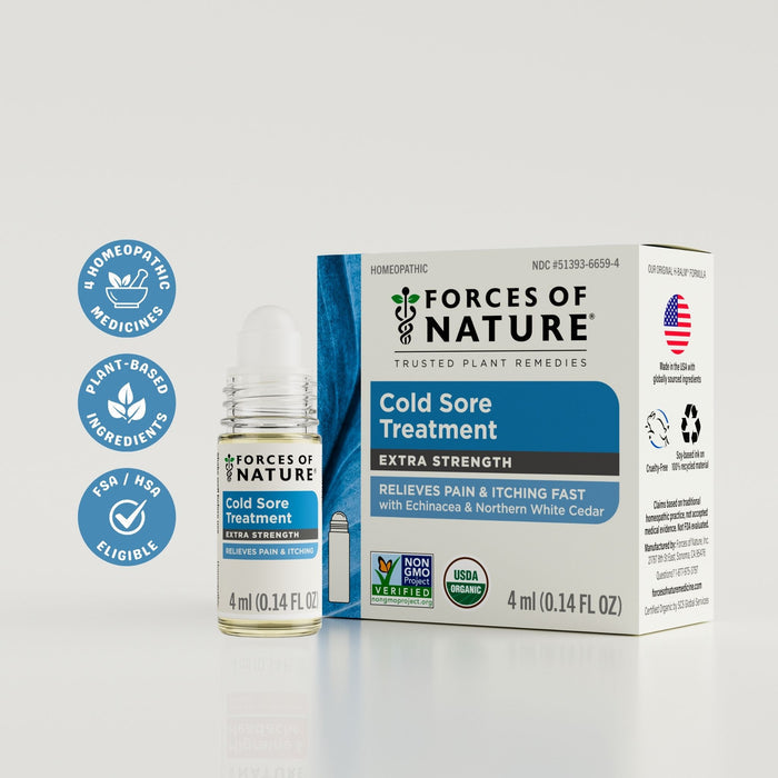 Front view of Cold Sore Treatment Extra Strength 4 ml roller bottle and box showcasing label Relieves Pain & Itching Fast with a white background