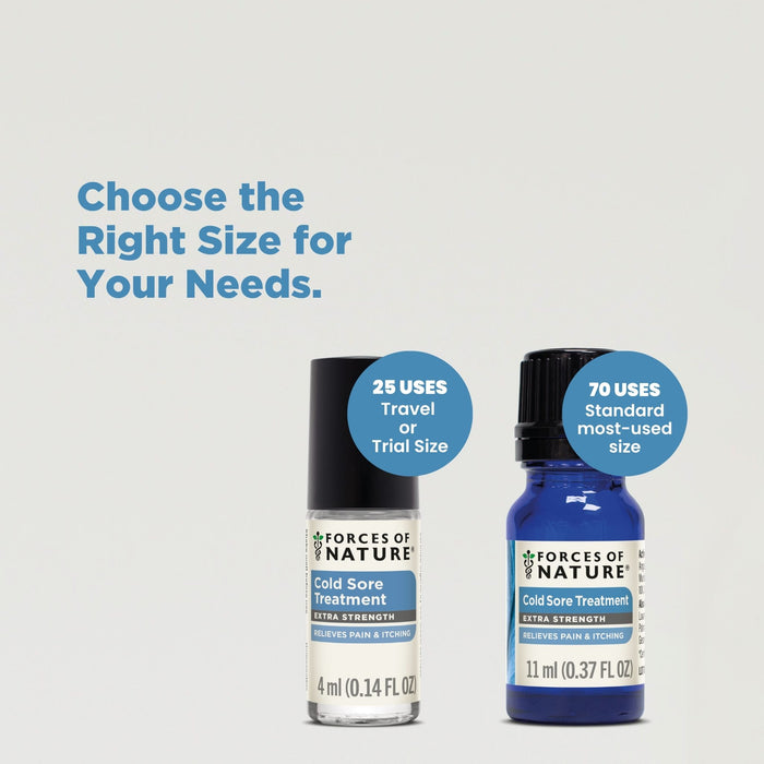 Front view of Cold Sore Treatment Extra Strength showing 4 ml and 11 ml bottle sizes with overlay ‘Choose the Right Size’