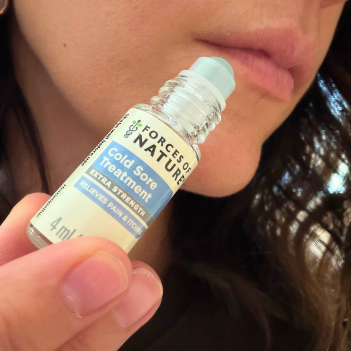 Woman uses Cold Sore Treatment Extra Strength to soothe a cold sore.