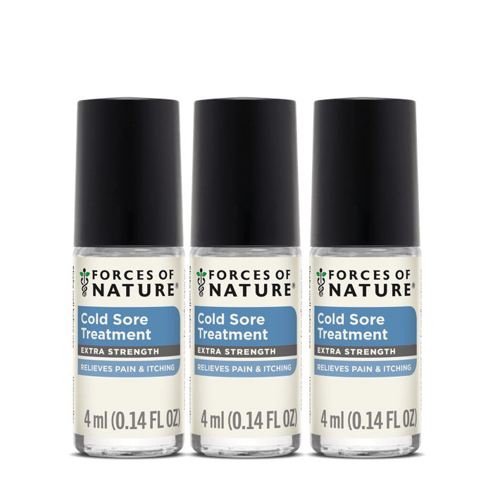 Front view of three 4 ml Cold Sore Treatment Extra Strength rollerball bottles showcasing product labels on white background
