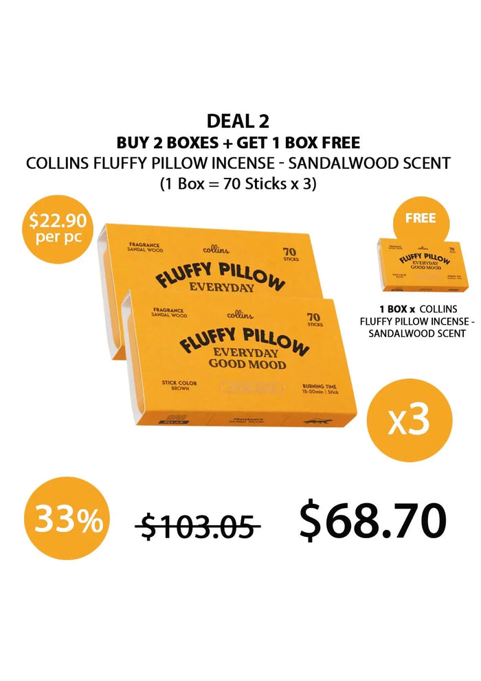 A box of Collins Fluffy Pillow Incense with Sandalwood Scent, showing 70 incense sticks inside, with the branding and incense clips visible. The packaging is predominantly orange with product information printed on it.