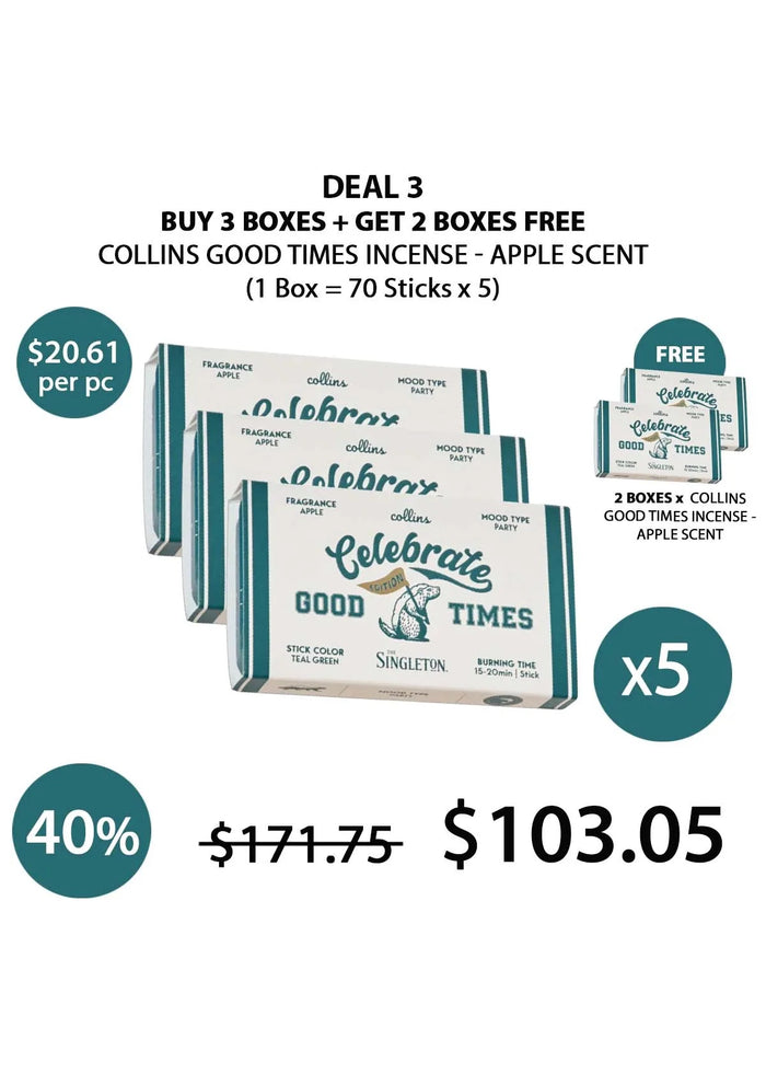 A box of Collins Good Times Incense with apple scent, including a protective tin case and incense clips, against a yellow background.