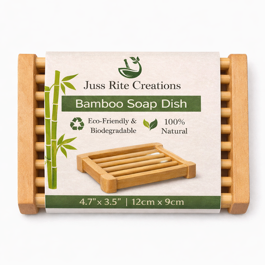 Bamboo soap dish with Juss Rite Creations packaging on a white background