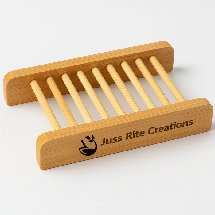 Wooden soap dish with 'Juss Rite Creations' branding on a white background