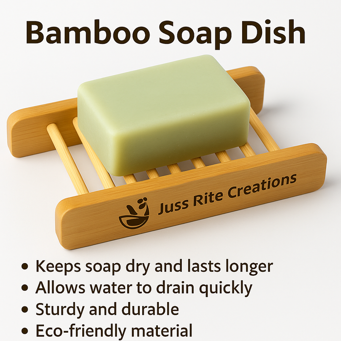 Bamboo soap dish with a bar of soap on a white background, featuring the brand 'Juss Rite Creations'.