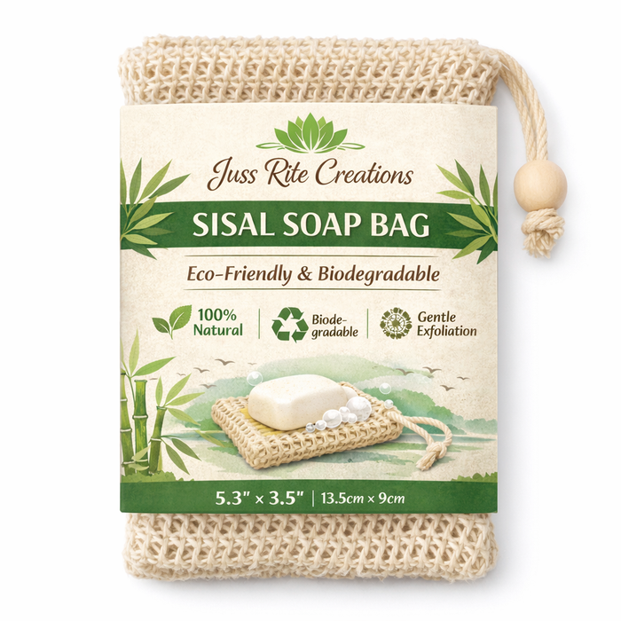 Sisal soap bag with packaging featuring Juss Rite Creations branding on a white background.