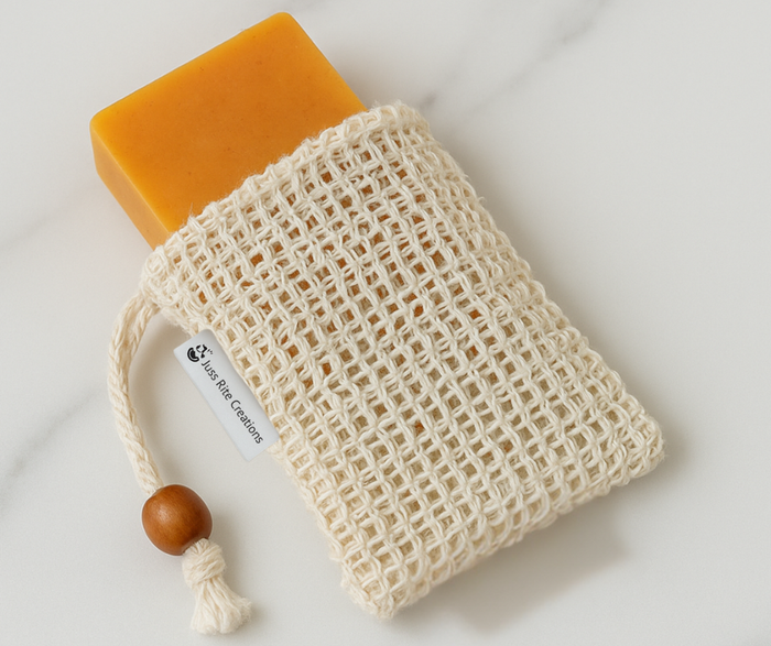 Bar of soap in a Juss Rite Creations sisal soap bag