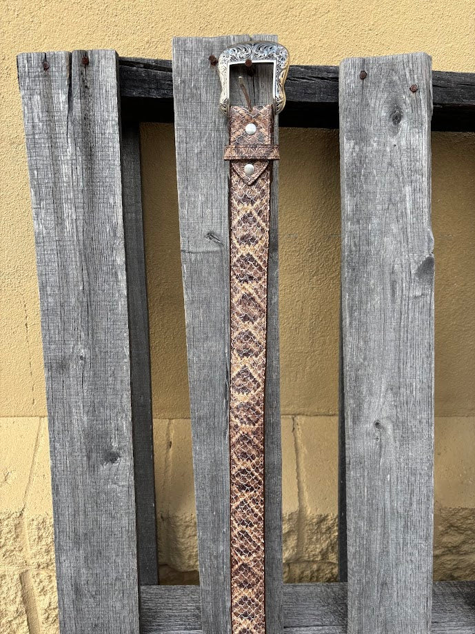 Natural rattlesnake print leather belt showing removable buckle and keeper.