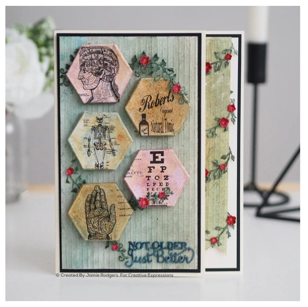 Creative Expressions - Jamie Rodgers Canvas Collection - Hexagon. Use the Creative Expressions Jamie Rodgers Canvas Collection Hexagon die set to create easy to build canvas and frame effects on your projects. They are easy to construct and incredibly versatile, simply fold on the score lines and glue to create focal points for your projects. Includes 4 dies. Size: 3.1" x 3.1". Available at embellishaway.ca in Bowmanville Ontario Canada. Card Example