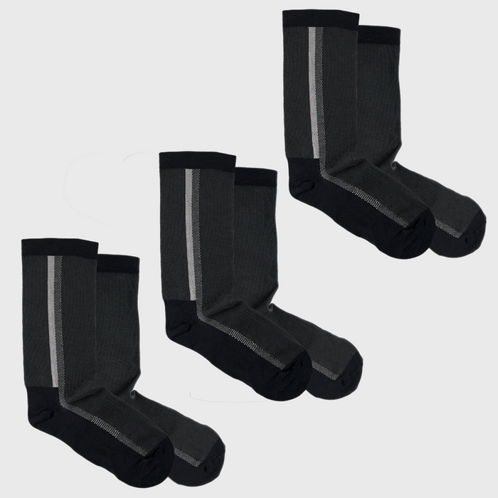 Four pairs of dark gray socks with black toes, heels, and cuffs, each featuring a vertical light gray stripe along the sides, displayed on a plain light background.
