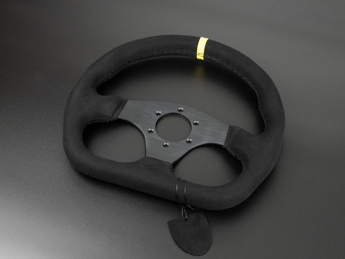 D-shape GT-stlye sim racing wheel with black stitching and yellow center