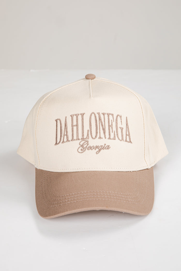 Beige and brown cap with 'Dahlonega Georgia' text on a white background