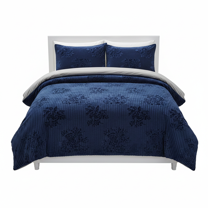 Dark Navy Embossed Velvet 4pc Duvet Set 5x6