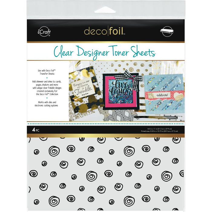 Add shimmer and shine to cards, pages, shakers and more! Works with dies and electronic cutting systems. These packages contain four 8.5x11 inch clear toner sheets. Comes in a variety of designs. Each sold separately. Made in USA.  Currently Available: Distressed Lines and Doodles. Available at Embellish Away located in Bowmanville Ontario Canada.