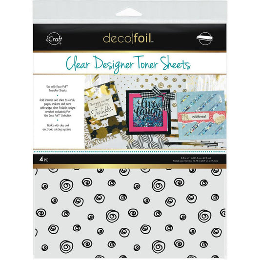 Add shimmer and shine to cards, pages, shakers and more! Works with dies and electronic cutting systems. These packages contain four 8.5x11 inch clear toner sheets. Comes in a variety of designs. Each sold separately. Made in USA.  Currently Available: Distressed Lines and Doodles. Available at Embellish Away located in Bowmanville Ontario Canada.