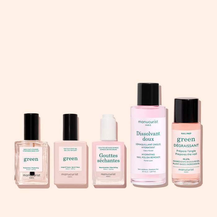Dégraissant + Base Coat + Top Coat + Gouttes Séchantes + Dissolvant Doux