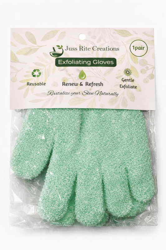 Green exfoliating gloves in packaging with Juss Rite Creations branding.