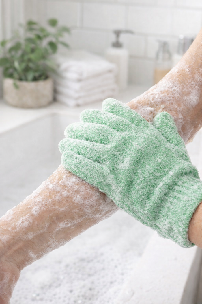 Person using a green Juss Rite Creations exfoliating glove to wash body