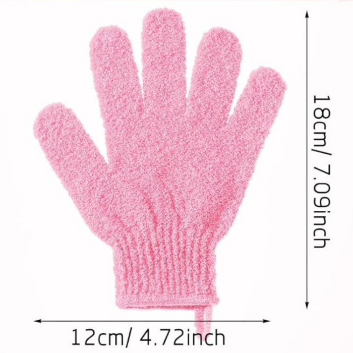 Pink exfoliating glove with measurements on a white background